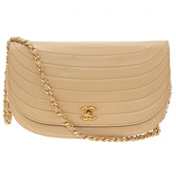 Pre Owned Chanel Cream Vintage Leather Moon Shaped Curved Horizontal Flap Bag