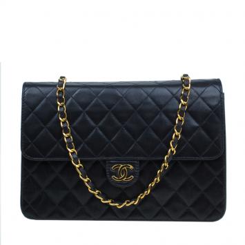 Pre Owned Chanel Black Lambskin Single Flap Shoulder Bag