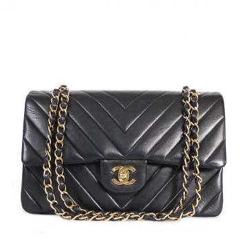 Pre Owned Chanel Black Chevron Quilted Lambskin Leather Medium Classic Flap Shoulder Bag