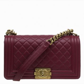 Pre Owned Chanel Red Quilted Leather Medium Boy Bag
