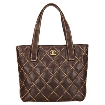 Pre Owned Chanel Dark Brown Quilted Lambskin Small Wild Stitch Tote