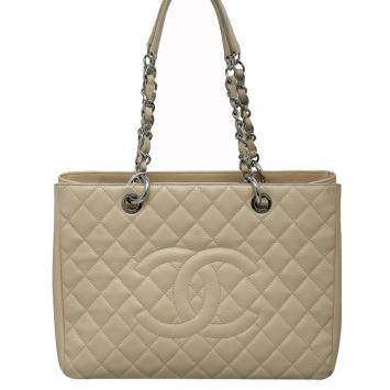 Pre Owned Chanel Beige Quilted Caviar Grand Shopping Tote