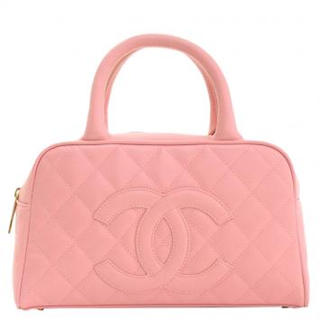 Pre Owned Chanel Pink Quilted Caviar Small CC Bowling Bag