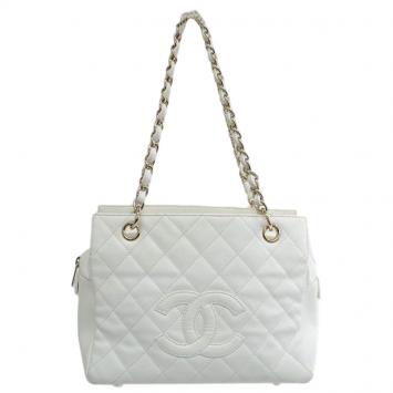Pre Owned Chanel White Quilted Caviar Leather Petite Timeless Shopper Tote