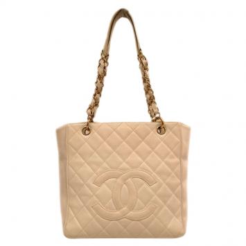 Pre Owned Chanel Beige Quilted Caviar Leather Petite Shopping Tote