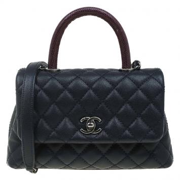 Pre Owned Chanel Navy Blue Quilted Caviar Leather Small Lizard Handle Coco Flap Bag