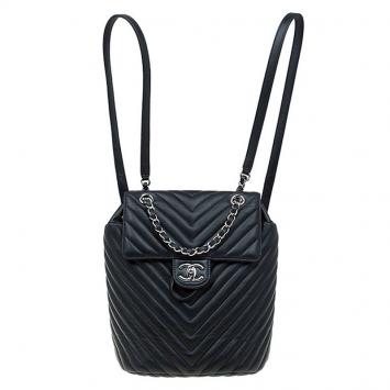 Pre Owned Chanel Black Chevron Leather Classic Backpack 