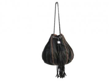 Pre Owned Chanel Black Lambskin Leather Drawstring Hobo