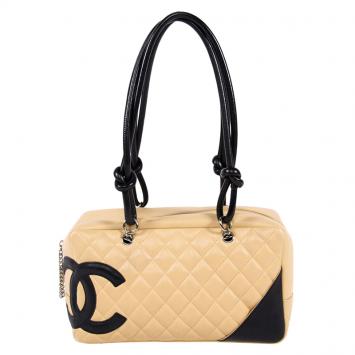 Pre Owned Chanel Beige/Black Quilted Leather Large Ligne Bowler Bag