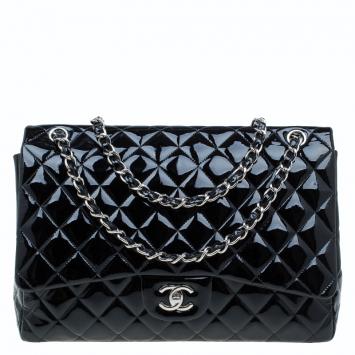 Pre Owned Chanel Black Quilted Patent Leather Maxi Classic Single Flap Bag