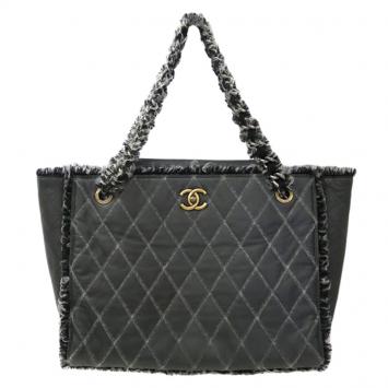 Pre Owned Chanel Grey Quilted Leather/Tweed Shopper Tote