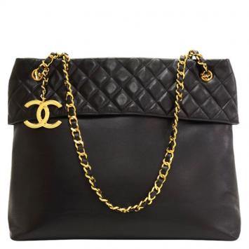 Pre Owned Chanel Black Quilted Leather Jumbo XL Flap Tote