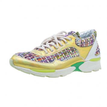 Pre Owned Chanel Multicolor Tweed and Leather Sneakers Size 38