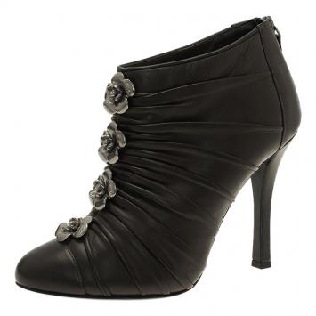 Pre Owned Chanel Dark Grey Pleated Leather Camellia Ankle Boots Size 38.5