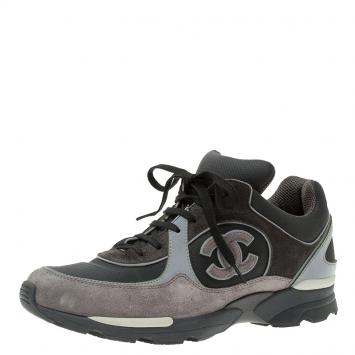 Pre Owned Chanel Black and Grey Suede and Leather CC Sneakers Size 40.5