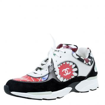 مملوكة مسبقًا Chanel Multicolor Printed Leather and Suede CC Sneakers Size 37.5