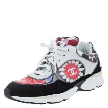 Pre Owned Chanel Multicolor Printed Leather and Suede CC Sneakers Size 39.5