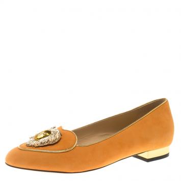 Pre Owned Charlotte Olympia Orange Suede Leo Smoking Slippers Size 39