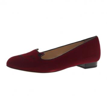 Pre Owned Charlotte Olympia Red Kitty Embroidered Velvet Smoking Slippers Size 39