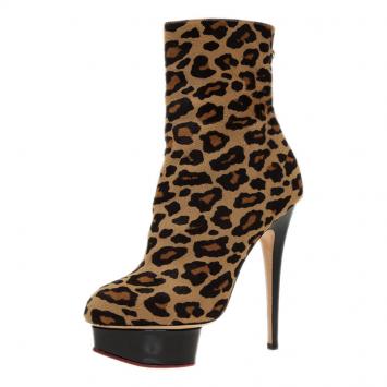 Pre Owned Charlotte Olympia Leopard Pony Hair Lucinda Platform Ankle Boots Size 38