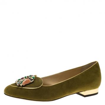 Pre Owned Charlotte Olympia Green Suede Capricorn Smoking Slippers Size 38