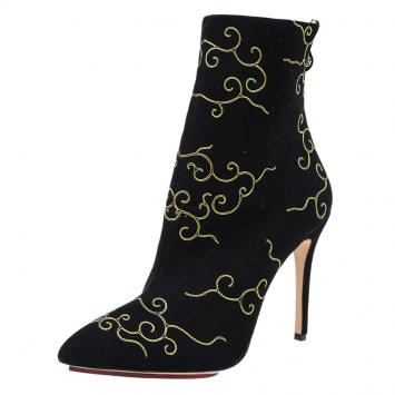 Pre Owned Charlotte Olympia Black Embroidered Suede Betsy Ankle Boots Size 38.5