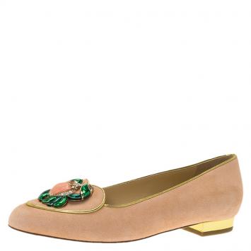 Pre Owned Charlotte Olympia Pink Suede Cancer Smoking Slippers Size 36.5