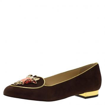 Pre Owned Charlotte Olympia Brown Suede Taurus Smoking Slippers Size 37