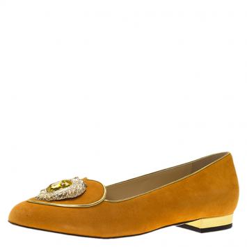 Pre Owned Charlotte Olympia Orange Suede Leo Smoking Slippers Size 36.5