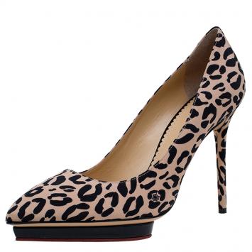 مملوكة مسبقًا Charlotte Olympia Leopard Print Satin Debbie Platform Pumps 41