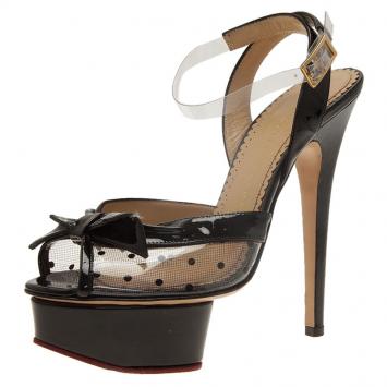 مملوكة مسبقًا Charlotte Olympia Black Leather Dotty Ankle Strap Platform Sandals Size 36