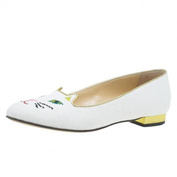 Pre Owned Charlotte Olympia White Raffia Kitty Smoking Slippers Size 39