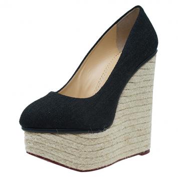 Pre Owned Charlotte Olympia Black Canvas Espadrille Platform Wedge Pumps Size 39.5 