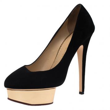 Pre Owned Charlotte Olympia Black Suede Dolly Platform Pumps Size 39