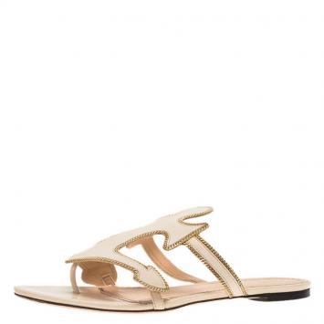 Pre Owned Charlotte Olympia Beige Leather Atlantic Flat Sandals Size 39