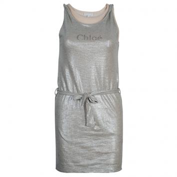 Pre Owned Chloe Metallic Double Layer Belted Tank Dress M