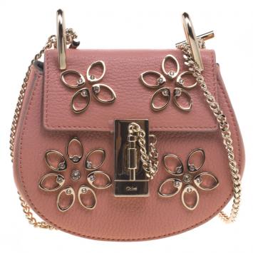 Pre Owned Chloe Misty Rose Leather Nano Flowers Crystal Embellished Drew Shoulder Bag