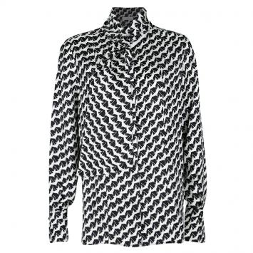 Pre Owned Chloe Monochrome Bird Print Silk Neck Tie Detail Blouse M 