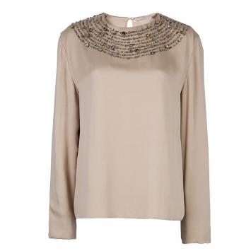 Pre Owned Chloe Beige Embellished Long Sleeve Silk Blouse L