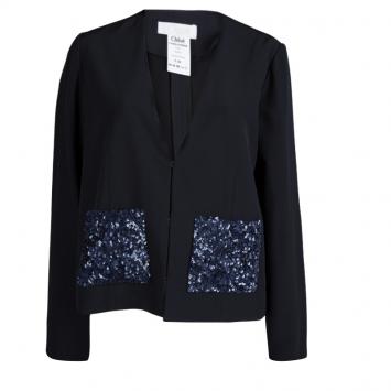Pre Owned Chloe Navy Blue Sequinned Pocket Detail Blazer L