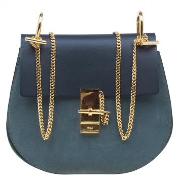 مملوكة مسبقًا Chloe Merino Blue Leather and Suede  Medium Drew Shoulder Bag