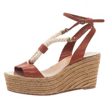 Pre Owned Chloe Tan Leather Rope Detail Espadrille Wedge Sandals Size 38