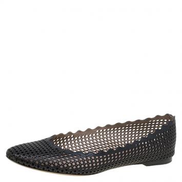 Pre Owned Chloe Black Perforated Leather Lauren Scalloped Ballet Flats Size 42