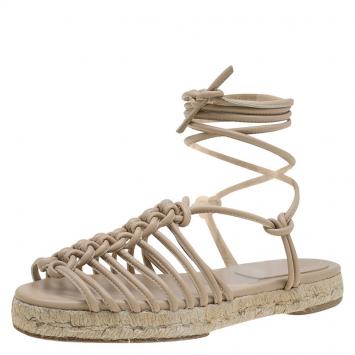 مملوكة مسبقًا Chloe Beige Knotted Leather Ankle-Wrap Flat Espadrille Sandals Size 35