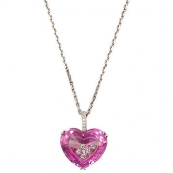Pre Owned Chopard So Happy Diamond Pink Heart 5 Diamonds  White Gold Necklace