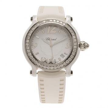 Pre Owned Chopard White Ceramic Happy Sport Diamond Women's Wristwatch 36MM