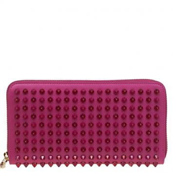 Pre Owned Christian Louboutin Pink Leather Studded Spike Continental Wallet
