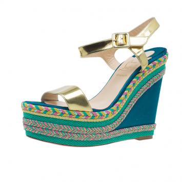 Pre Owned Christian Louboutin Gold Leather New Duplice Ankle Strap Wedges Size 38.5 