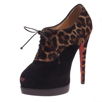 Pre Owned Christian Louboutin Leopard Pony Hair and Suede Miss Poppins Lace Up Ankle Boots Size 38.5