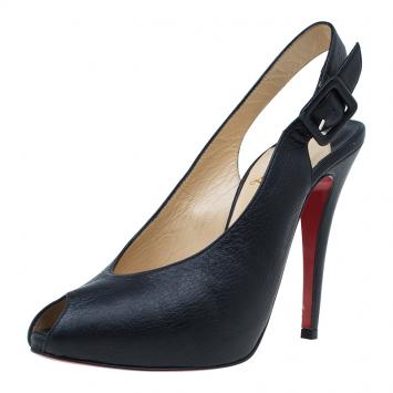 Pre Owned Christian Louboutin Black Leather Private Number Peep Toe Slingback Sandals Size 37.5